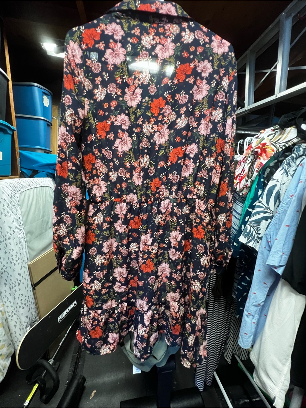 AUW Navy Floral Long-Sleeve Dress with Pink and Red Blooms